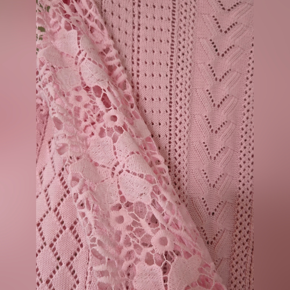 Unbranded Pink Crochet Knit Sweater with Lace Sleeves, Size XS (Oversized) - Picture 4 of 7
